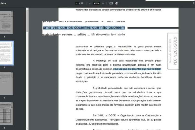 Em PEC que pede cobrança de mensalidade em universidade pública deputado escreve docente em vez de discente