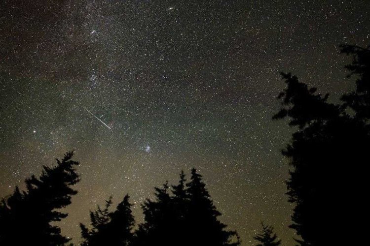 Nesta exposição de 30 segundos, um meteoro atravessa o céu durante a chuva anual de Perseidas. Ocorreu em 11 de agosto de 2021, em Spruce Knob, West Virginia  