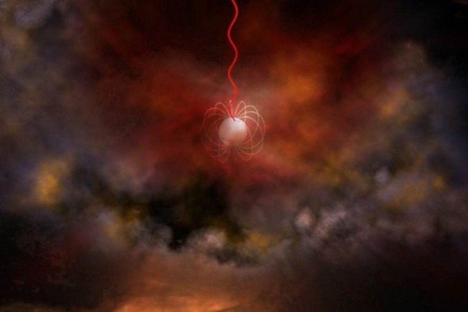 La representación artística de una estrella de neutrones con un campo magnético ultrafuerte, llamada magnetar, que emite ondas de radio (rojo), es un candidato principal para lo que genera ráfagas de radio rápidas