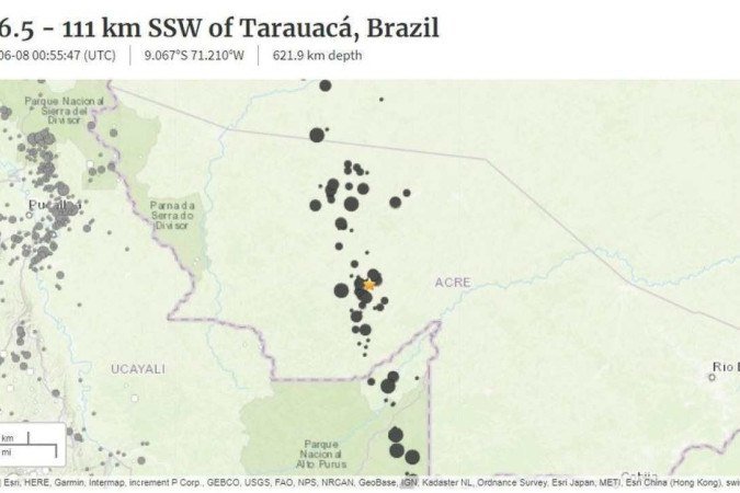 Terremoto de magnitude 6.5 no Acre é o maior já registrado da HIstória - (crédito: Reprodução/USGS ) Terremoto de magnitude 6.5 no Acre é o maior já registrado da HIstória - (crédito: Reprodução/USGS )