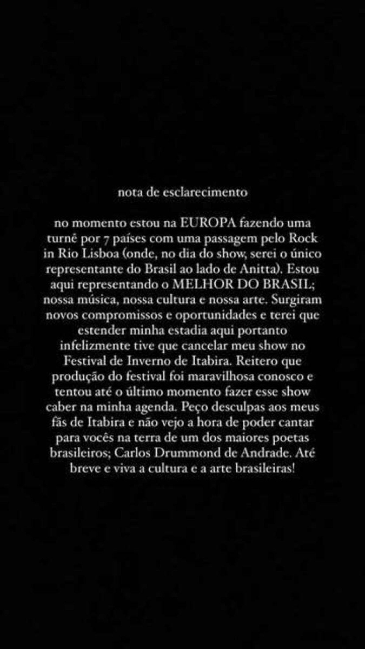 Show de Johnny Hooker em Itabira é cancelado