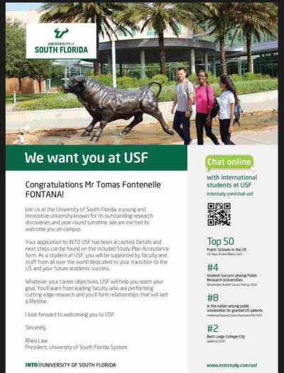 Carta de sele&ccedil;&atilde;o enviada pela University of South Florida