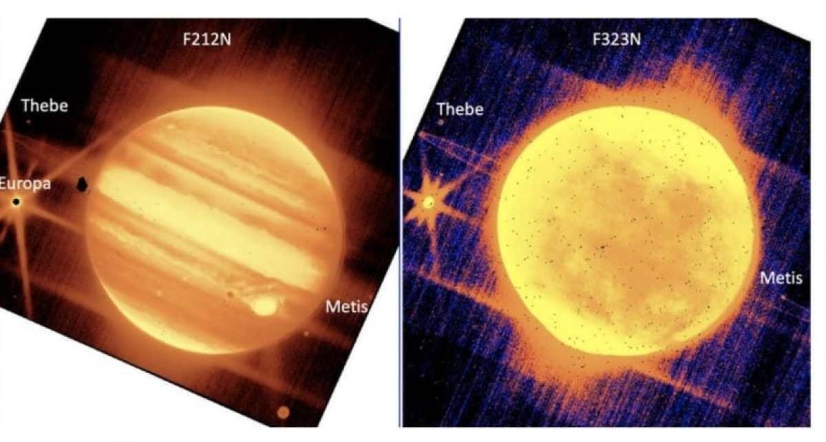 Esquerda: Júpiter, no centro, e suas luas Europa, Thebe e Metis vistos através do filtro de 2,12 mícrons do instrumento NIRCam. Na direita, os mesmos objtos vistos pelo filtro de 3,23 mícrons da NIRCam Esquerda: Júpiter, no centro, e suas luas Europa, Thebe e Metis vistos através do filtro de 2,12 mícrons do instrumento NIRCam. Na direita, os mesmos objtos vistos pelo filtro de 3,23 mícrons da NIRCam