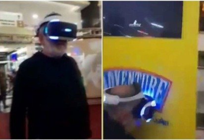 Idoso experimenta realidade virtual, se empolga, mas desequilibra e cai com o rosto no simulador, que também vai ao chão -  (crédito: Redes sociais/Reprodução)