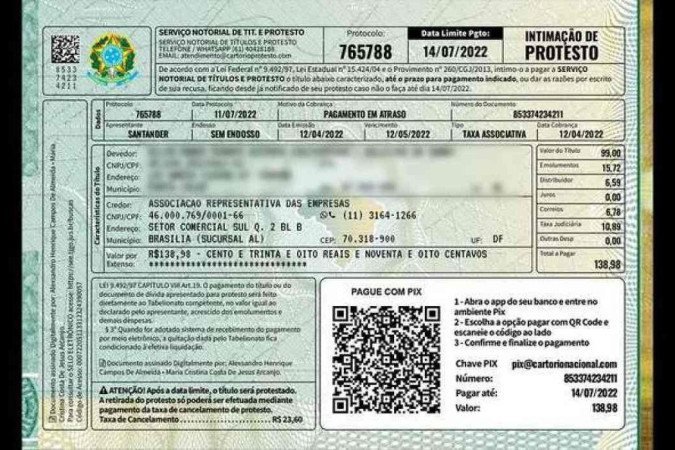 Os criminosos utilizam na intimação o nome Serviço Notarial de Títulos e Protesto (nomenclatura que não existe) - (crédito: Serjus-Anoreg/MG/Divulgação) Os criminosos utilizam na intimação o nome Serviço Notarial de Títulos e Protesto (nomenclatura que não existe) - (crédito: Serjus-Anoreg/MG/Divulgação)