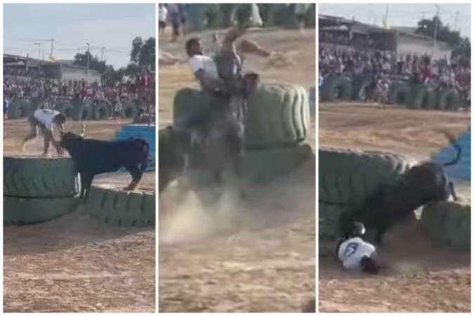 Após provocar o novilho, o homem foi atingido por diversas vezes e acabou com a artéria femoral atingida - (crédito: Youtube/Reprodução) Após provocar o novilho, o homem foi atingido por diversas vezes e acabou com a artéria femoral atingida - (crédito: Youtube/Reprodução)