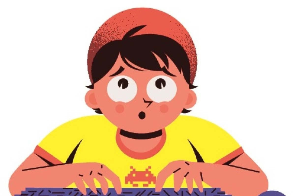 Um menino jogando jogos online na internet desenho de uma linha de