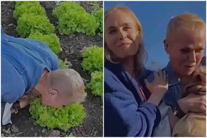 Xuxa dá mordidas em alface ainda enraizado, enquanto Angélica assiste e gargalha -  (crédito: Instagram @xuxameneghel/Reprodução)