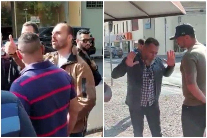 Eduardo Bolsonaro xinga Marcos Palermo, enquanto um homem, que parece ser um segurança do deputado federal, afasta o ex-secretário municipal de Saúde - (crédito: Redes sociais/Reprodução) Eduardo Bolsonaro xinga Marcos Palermo, enquanto um homem, que parece ser um segurança do deputado federal, afasta o ex-secretário municipal de Saúde - (crédito: Redes sociais/Reprodução)