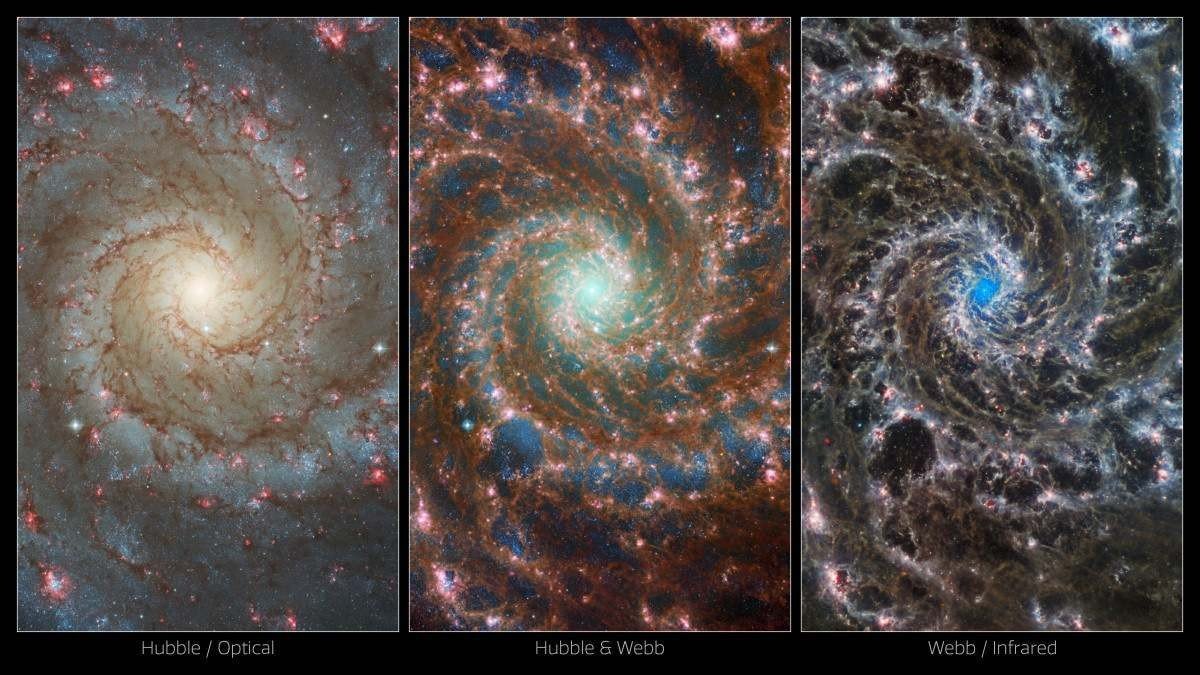 À esquerda, a visão do Telescópio Espacial Hubble da galáxia M74 varia desde as estrelas mais velhas e mais vermelhas em direção ao centro, até as estrelas mais jovens e azuis em seus braços espirais. À direita, a imagem do Telescópio Espacial James Webb é surpreendentemente diferente, destacando as massas de gás e poeira dentro dos braços da galáxia e o denso aglomerado de estrelas em seu núcleo. A imagem combinada no centro funde estes dois para uma visão verdadeiramente única desta galáxia espiral À esquerda, a visão do Telescópio Espacial Hubble da galáxia M74 varia desde as estrelas mais velhas e mais vermelhas em direção ao centro, até as estrelas mais jovens e azuis em seus braços espirais. À direita, a imagem do Telescópio Espacial James Webb é surpreendentemente diferente, destacando as massas de gás e poeira dentro dos braços da galáxia e o denso aglomerado de estrelas em seu núcleo. A imagem combinada no centro funde estes dois para uma visão verdadeiramente única desta galáxia espiral