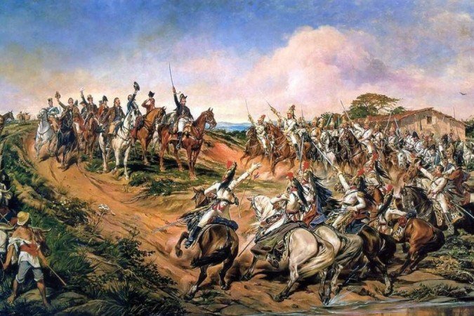 A tela Independência ou morte, também conhecida como O Grito do Ipiranga, do artista Pedro Américo de Figueiredo e Mello, considerada a representação mais consagrada e difundida do momento da independência do Brasil (415 x 760 cm, acervo Museu Paulista — Museu do Ipiranga —, classificada como uma obra do Neoclassicismo - (crédito: domínio público) A tela Independência ou morte, também conhecida como O Grito do Ipiranga, do artista Pedro Américo de Figueiredo e Mello, considerada a representação mais consagrada e difundida do momento da independência do Brasil (415 x 760 cm, acervo Museu Paulista — Museu do Ipiranga —, classificada como uma obra do Neoclassicismo - (crédito: domínio público)