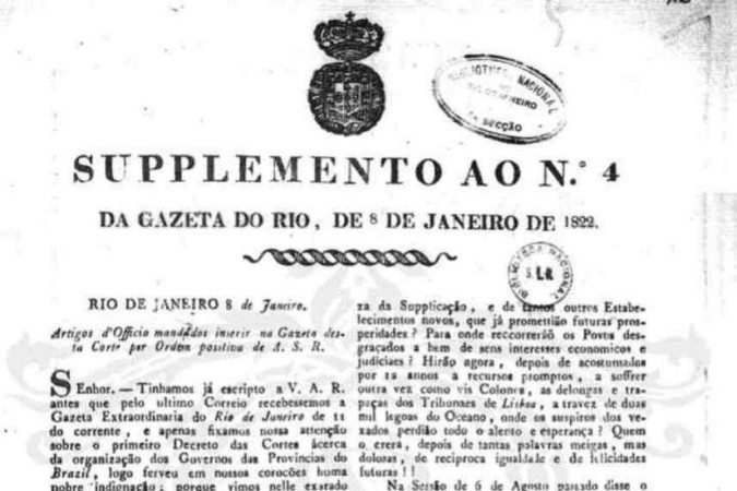 Exemplar da Gazeta do Rio de 8 de janeiro de 1822, com a carta ao Príncipe D. Pedro