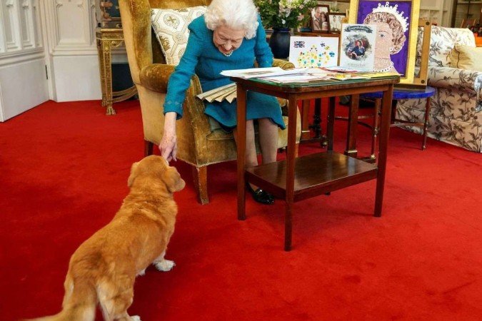 A rainha, fotografada em janeiro de 2022, com Candy, um cruzamento de dachshund com corgi - (crédito: Steve Parsons / POOL / AFP) A rainha, fotografada em janeiro de 2022, com Candy, um cruzamento de dachshund com corgi - (crédito: Steve Parsons / POOL / AFP)