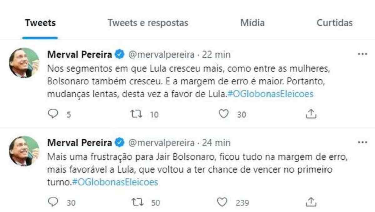 Tweets de Merval Pereira, antes da divulgaÃ§Ã£o da pesquisa Ipec