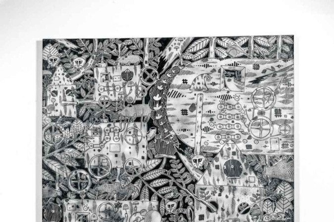 Quadro de Rodrigo Godá na exposição Fábrica de fabulações, na Referência Galeria de Arte