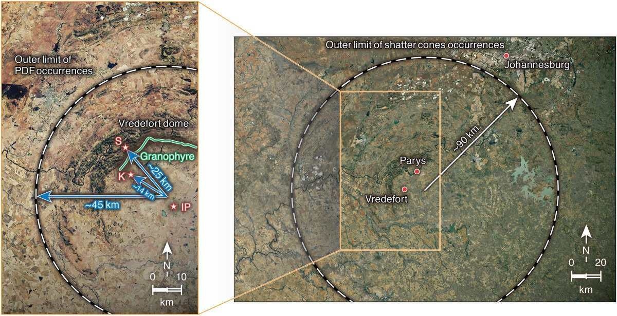 Vredefort dome as seen today, superimposed with outer boundaries of various geological evidence.
