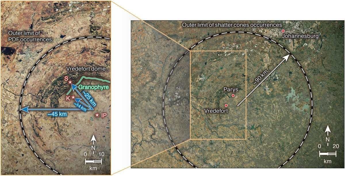 El Domo Vredefort como lo vemos hoy, superpuesto con los límites exteriores de varios índices geológicos.