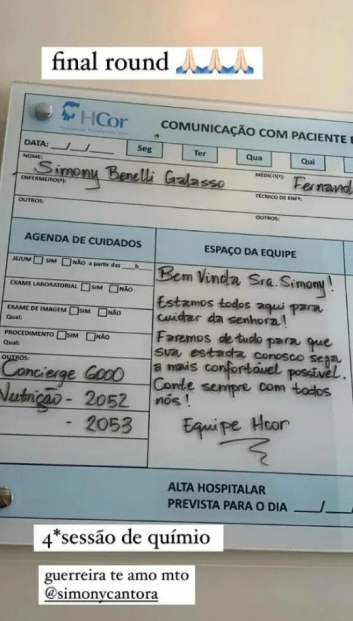 Recado da equipe do hospital para Simony 