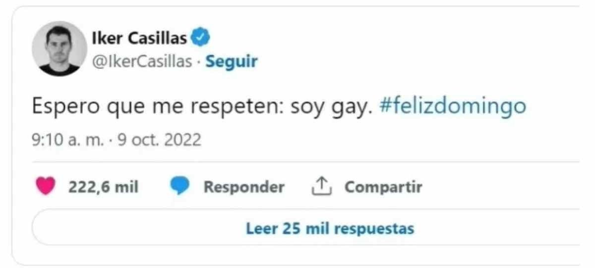 Postagem de Casillas de 9 de outubro de 2022 dizendo que é gay