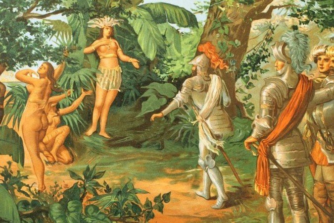 A líder Anacaona dando as boas-vindas aos espanhóis (Cromolitografia - 'La Civilización', volume III, 1882).
crédito: GETTY IMAGES
- A líder Anacaona dando as boas-vindas aos espanhóis (Cromolitografia - 'La Civilización', volume III, 1882).
crédito: GETTY IMAGES
-