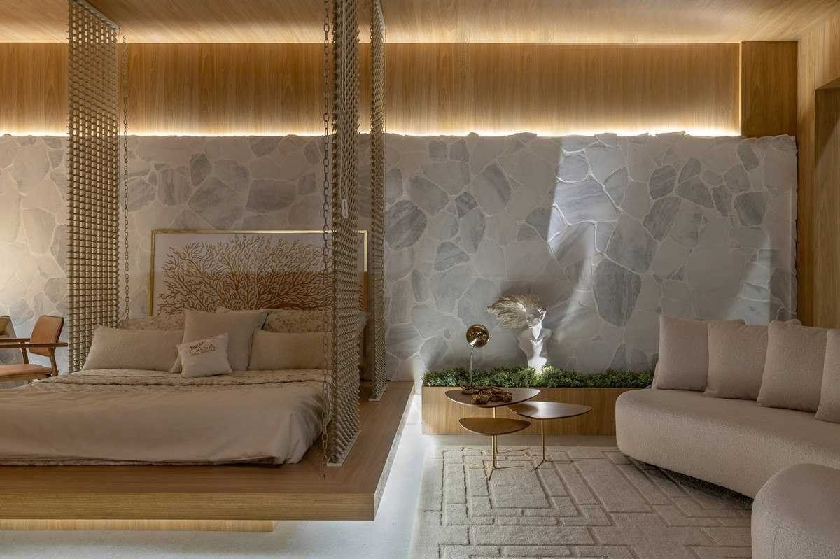 Cama suspensa na Suite Do Hotel, do escritório LC Arquitetura Cama suspensa na Suite Do Hotel, do escritório LC Arquitetura