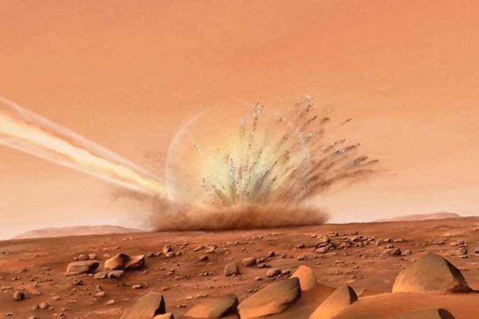 (crédito: representação artística do impacto de dois meteoros em Marte) (crédito: representação artística do impacto de dois meteoros em Marte)