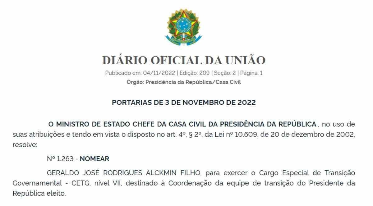 Nomeação de Geraldo Alckmin para o Cargo Especial de Transição Governamental na edição do Diário Oficial da União (DOU) desta sexta-feira (4/11)