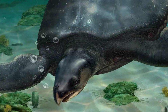 Nessa ilustração, as formas e cores da tartaruga gigante, pressupostas pelos pesquisadores, ganharam vida