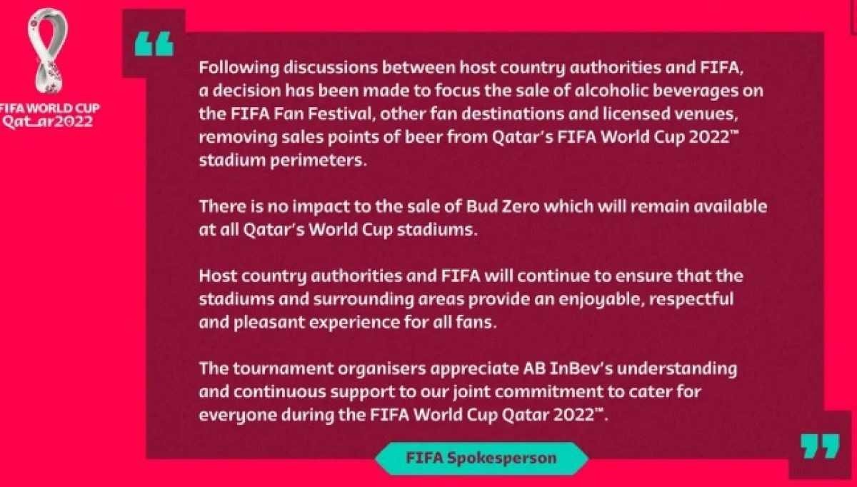 Comunicado da Fifa proibe o consumo de álcool dentro dos estádios da Copa do Mundo do Catar.