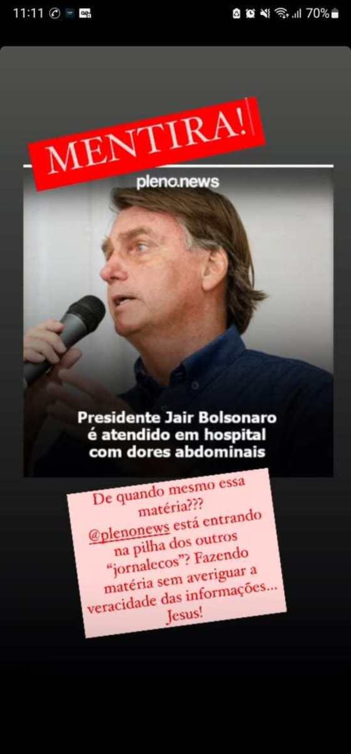 Michelle Bolsonaro desmente que presidente tenha sido atendido no Hospital das Forças Armadas com dores abdominais 