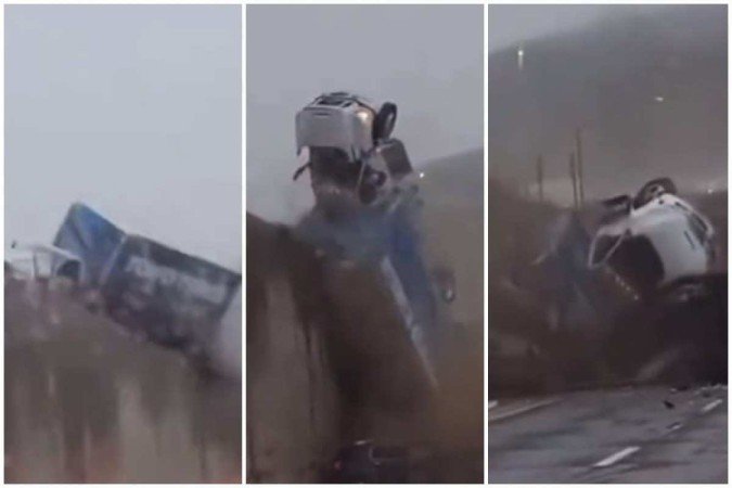 Segundo informações do portal norte-americano USA Today, duas pessoas ficaram feridas durante o acidente e precisaram de internação hospitalar -  (crédito: Reprodução/Twitter/@MikeSington)