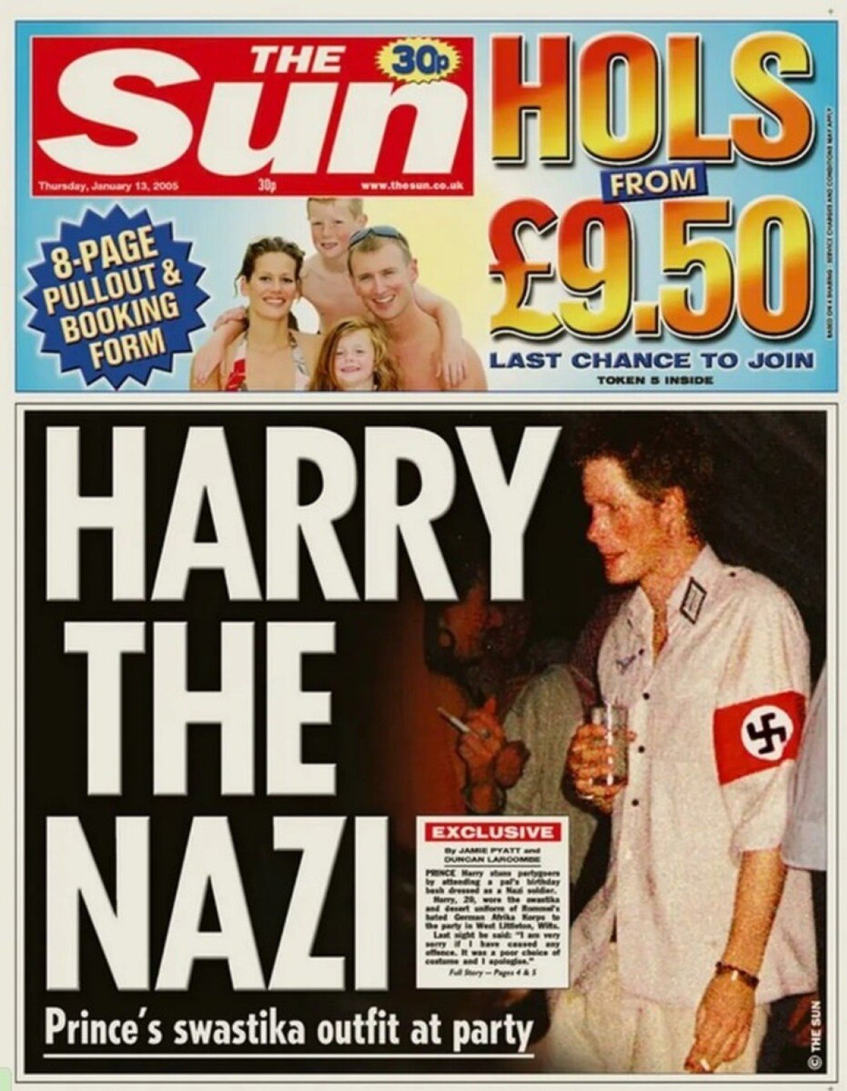 O flagrante de Harry fantasiado como oficial nazista em edição de 2005 do jornal The Sun