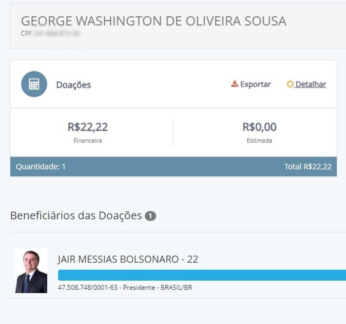 George Washington de Oliveira Sousa fez doação para a campanha de Bolsonaro