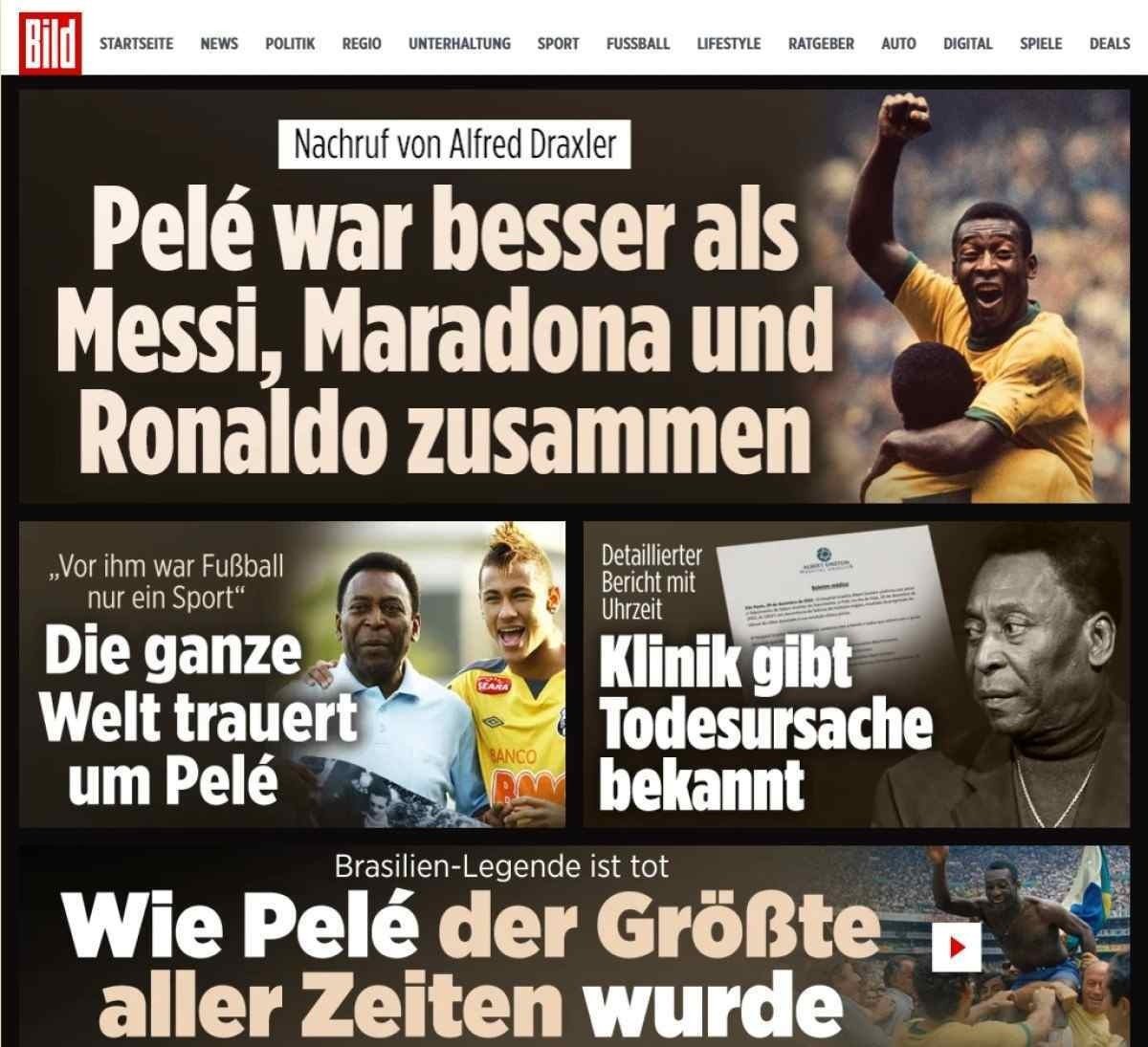  "Pelé era melhor que Messi, Maradona e Ronaldo juntos", afirma a chamada principal do jornal Bild, da Alemanha 