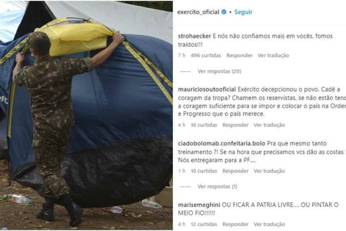 Bolsonaristas atacam Exército nas redes sociais após não serem apoiados em atos golpistas do domingo (8/1). Na foto, montagem dos comentários no Instagram com foto do momento em que soldados desmobilizavam acampamento bolsonarista em Brasília - (crédito: Carlos Vieira/CB - Instagram/Reprodução) Bolsonaristas atacam Exército nas redes sociais após não serem apoiados em atos golpistas do domingo (8/1). Na foto, montagem dos comentários no Instagram com foto do momento em que soldados desmobilizavam acampamento bolsonarista em Brasília - (crédito: Carlos Vieira/CB - Instagram/Reprodução)