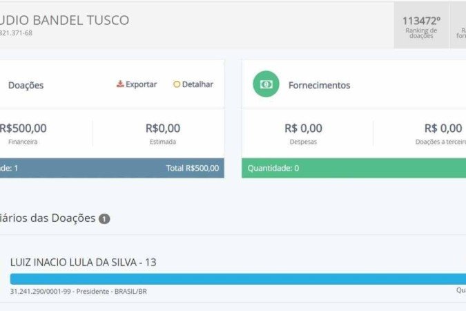 Cláudio Tusco doou R$ 500 para a campanha de Lula em 2018