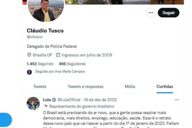 No Twitter, praticamente todas as curtidas recentes de Cláudio Tusco são em publicações pró-Lula