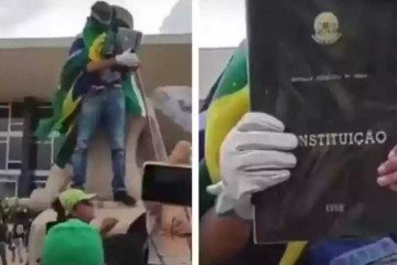 Marcelo aparece nas imagens do atentado em cena onde segura réplica da Constituição Federal roubada durante a invasão do prédio do STF.  -  (crédito: REDES SOCIAIS/REPRODUÇÃO)