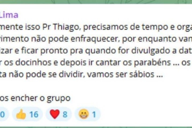 Apesar de usar o codinome Regina Brasil, um dos usuários do grupo de bolsonaristas chamou o pastor pelo nome em uma ocasião 