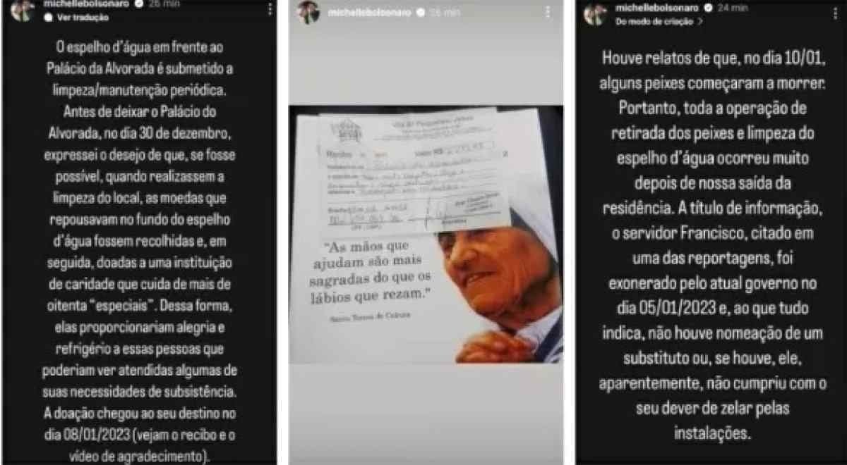 A ex-primeira dama Michelle Bolsonaro afirmou em seus stories que moedas do espelho d'água do Palácio da Alvorada foram doados