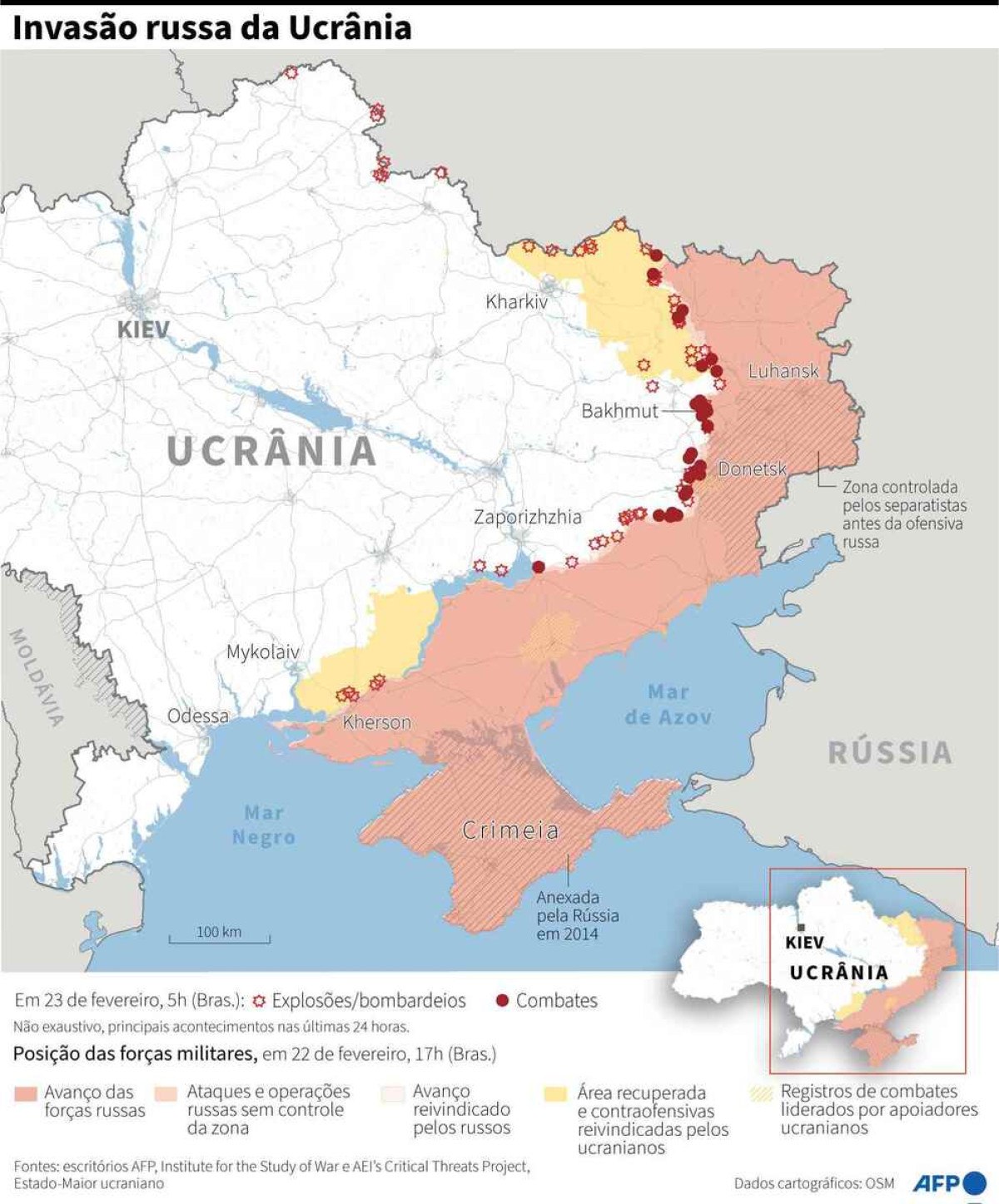 Mapa com a situação do conflito na Ucrânia