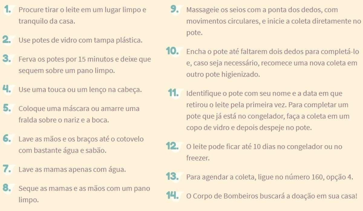 14 passos para doar, divulgado no portal Amamenta Brasília, da Secretaria de Saúde do Distrito Federal 14 passos para doar, divulgado no portal Amamenta Brasília, da Secretaria de Saúde do Distrito Federal