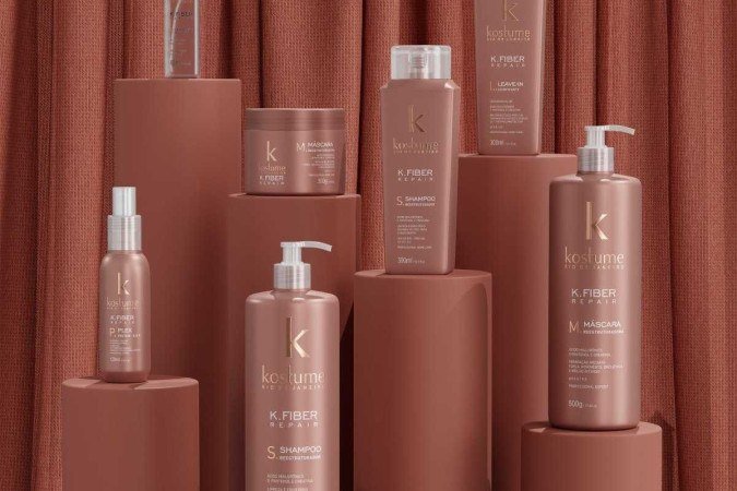 Linha K.Fiber, da Kostume, projetada para cabelos desgastados. É composta por xampu, máscara, Plex Protein S.O.S, leave-in acidificante e reparador 