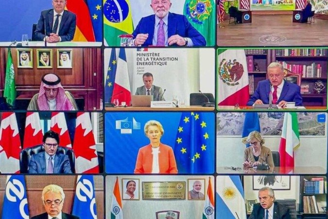 Reunião virtual do Fórum das Grandes Economias sobre Energia e Clima reúne as 26 lideranças das maiores economias do mundo - (crédito: Reprodução/Redes Sociais) Reunião virtual do Fórum das Grandes Economias sobre Energia e Clima reúne as 26 lideranças das maiores economias do mundo - (crédito: Reprodução/Redes Sociais)