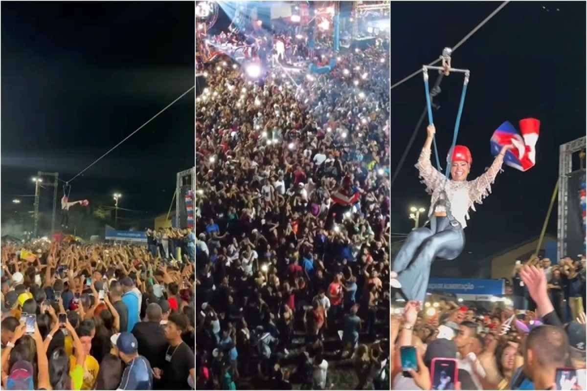 Prefeita de município do Pará chega de tirolesa em festa da cidade