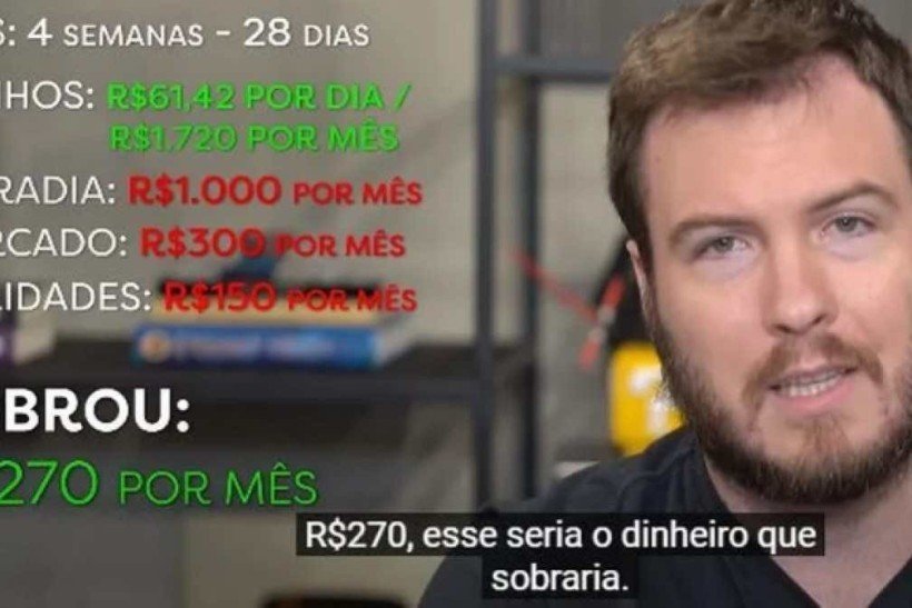 Em vídeo de três anos atrás, sugere que uma pessoa que ganha R$ 1.720 por mês pode ficar milionário em até seis meses investindo R$ 270 se gastar R$ 300 no mercado e R$ 150 em utilidades