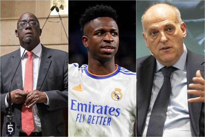 A esquerda o vereador Edson Santos (PT), ao centro Vinícius Júnior, atleta brasileiro do Real Madrid e, a direita, Javier Tebas, presidente da La Liga - (crédito: Câmara de Vereadores do Rio de Janeiro, OSCAR DEL POZO / AFP, La Liga/Divulgação) A esquerda o vereador Edson Santos (PT), ao centro Vinícius Júnior, atleta brasileiro do Real Madrid e, a direita, Javier Tebas, presidente da La Liga - (crédito: Câmara de Vereadores do Rio de Janeiro, OSCAR DEL POZO / AFP, La Liga/Divulgação)