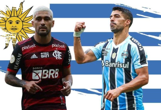 Arte com fotos de Gilvan Souza/Flamengo e Lucas Uebel/Grêmio