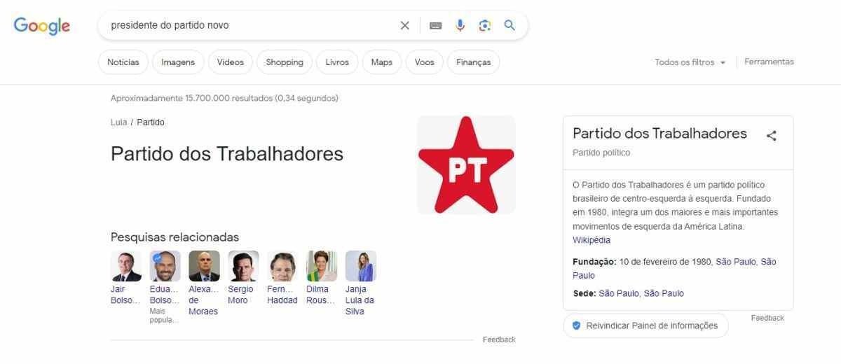 Google mostra Lula como presidente do Novo