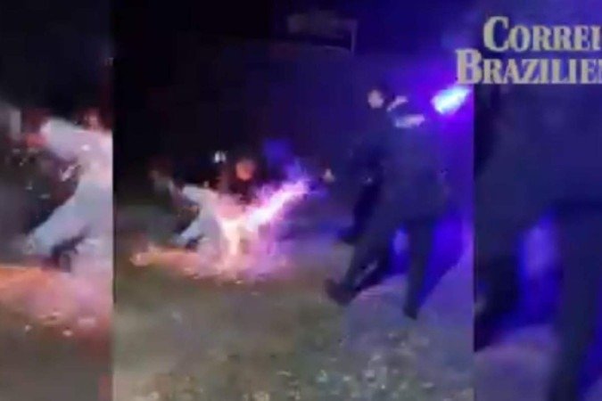 No vídeo, o policial militar aparece disparando contra uma homem, em uma casa noturna do Gama - (crédito: Reprodução) No vídeo, o policial militar aparece disparando contra uma homem, em uma casa noturna do Gama - (crédito: Reprodução)